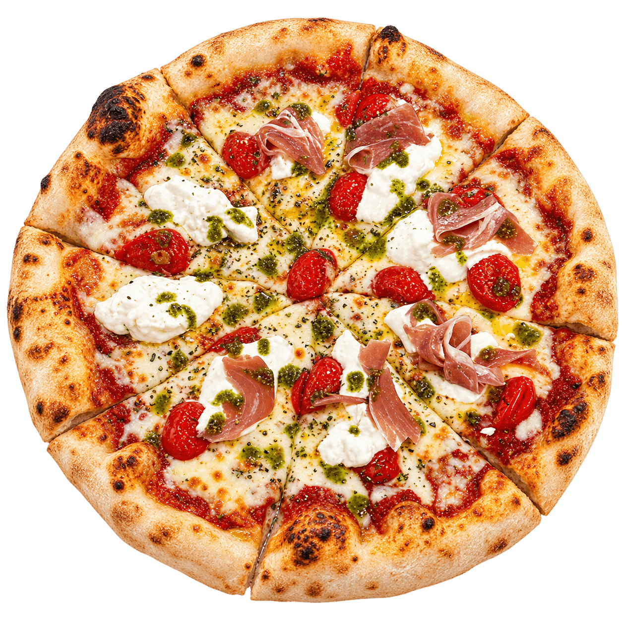 Pizza Italienne vue du dessus : Sauce tomate, Mozzarella, Tomates confites. Après cuisson : Jambon cru chiffonnade, Burrata, Pesto